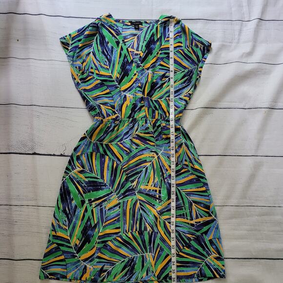 Halogen Size XS Tropical Jungle Cap Sleeve V-Neck Faux Wrap Blue Green Dress - Picture 5 of 9